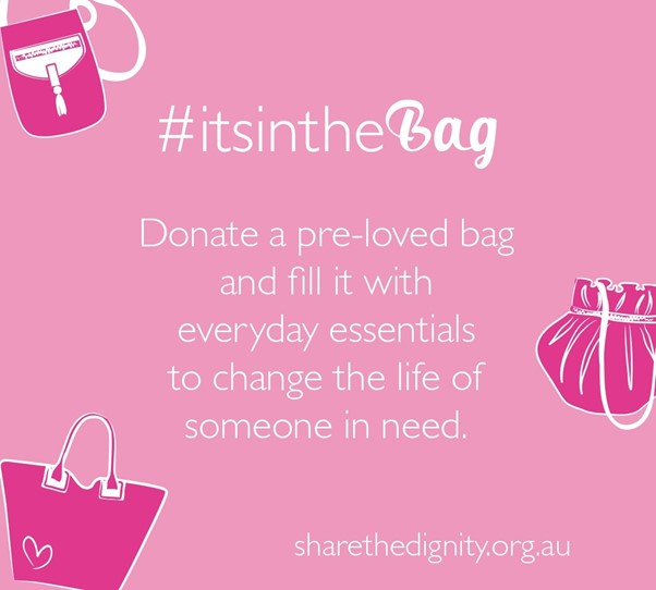 A pink background with white text share the dignity